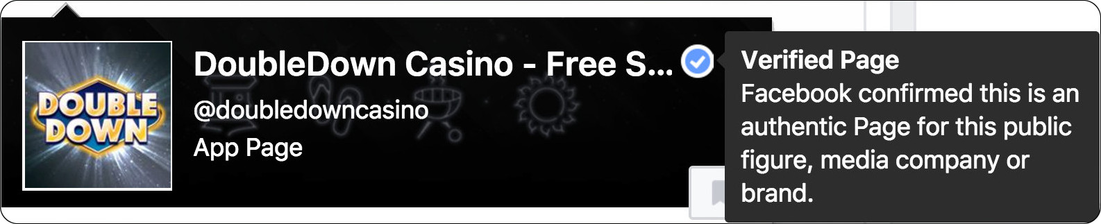 The official DoubleDown Casino Facebook page has a blue checkmark which will say Verified Page when hovered over.